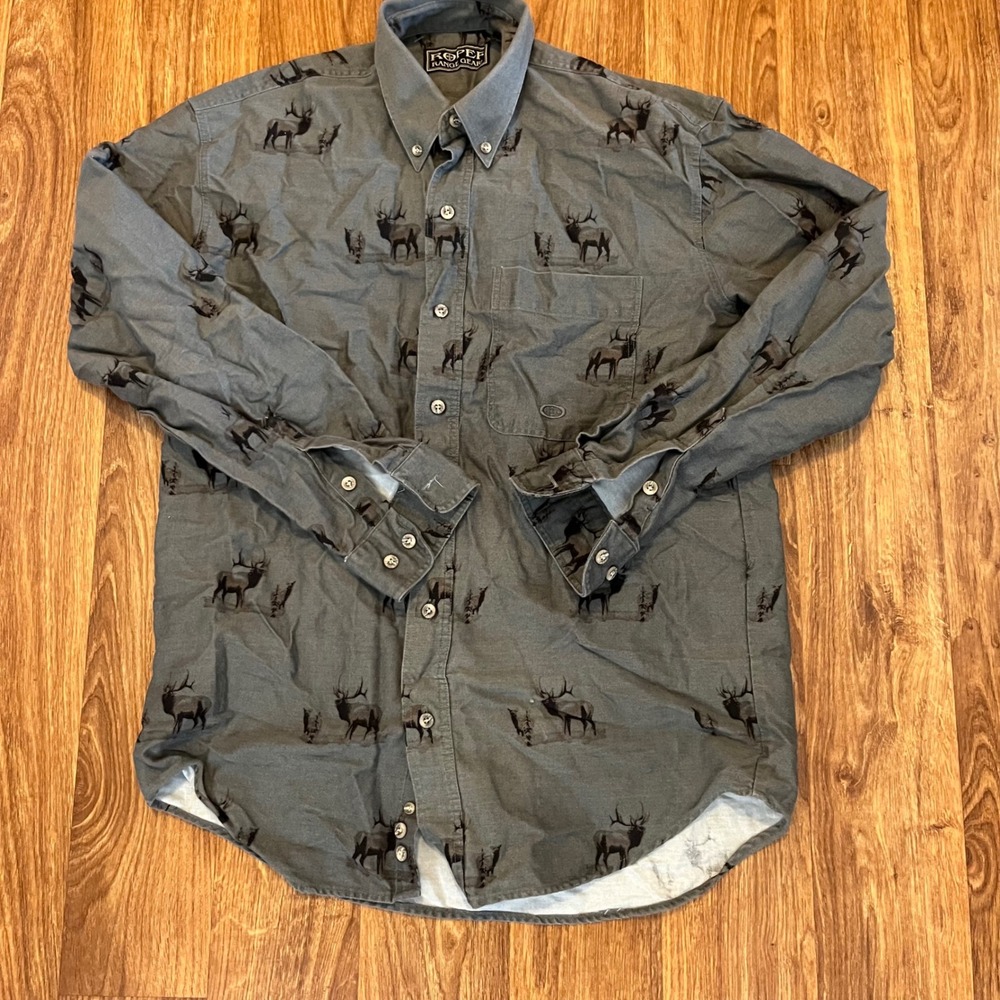 Vintage Roper Elk Button Down Shirt Men Small Grey Range Gear Western Cotton